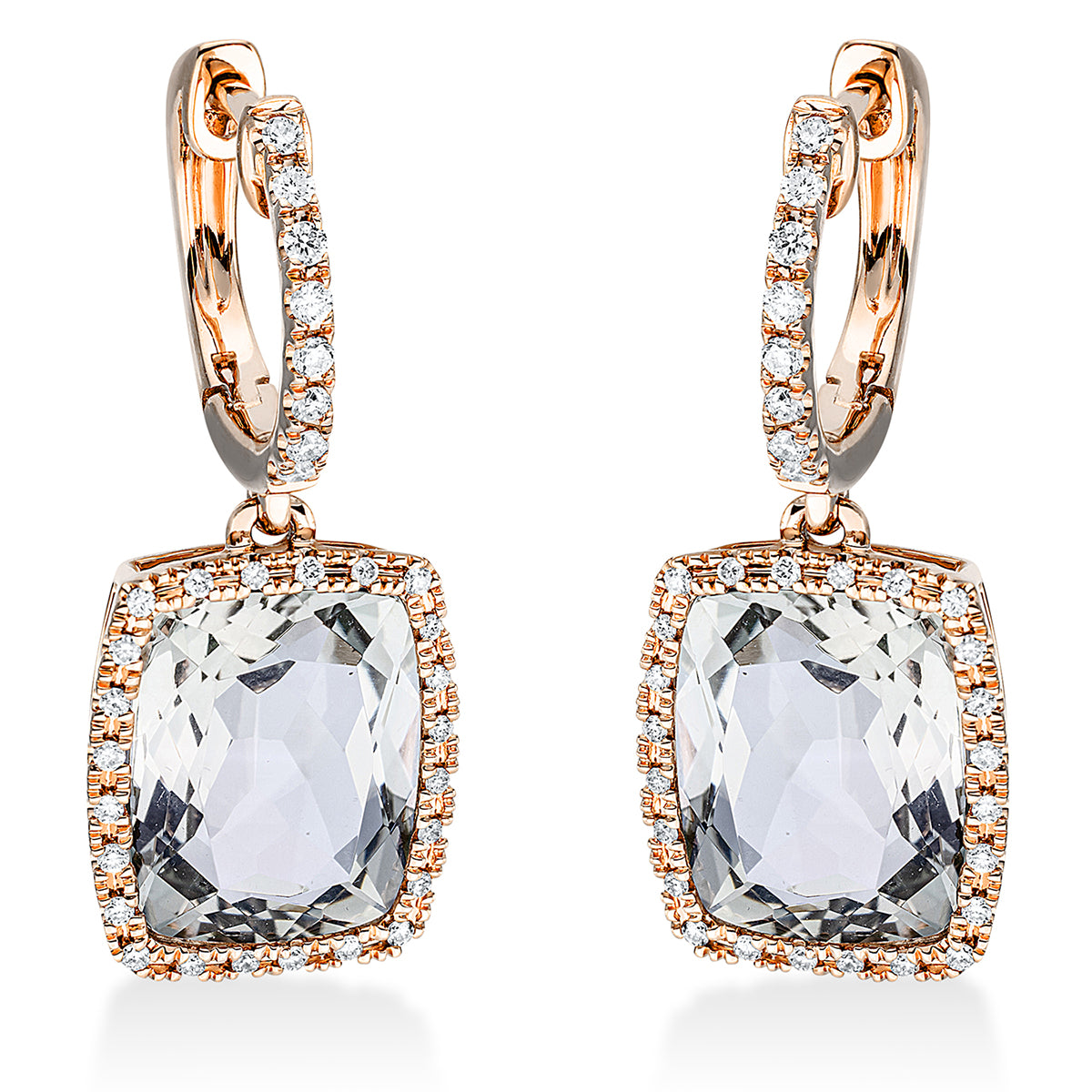 diamond full cut amethyst colored stone fashion earrings in red gold