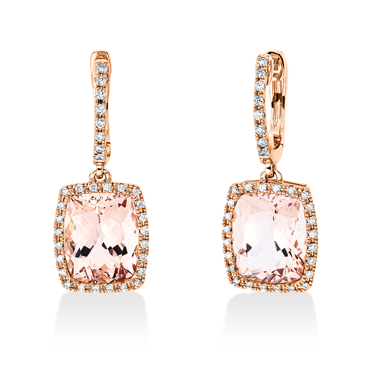 diamond full cut morganite colored stone fashion earrings in red gold