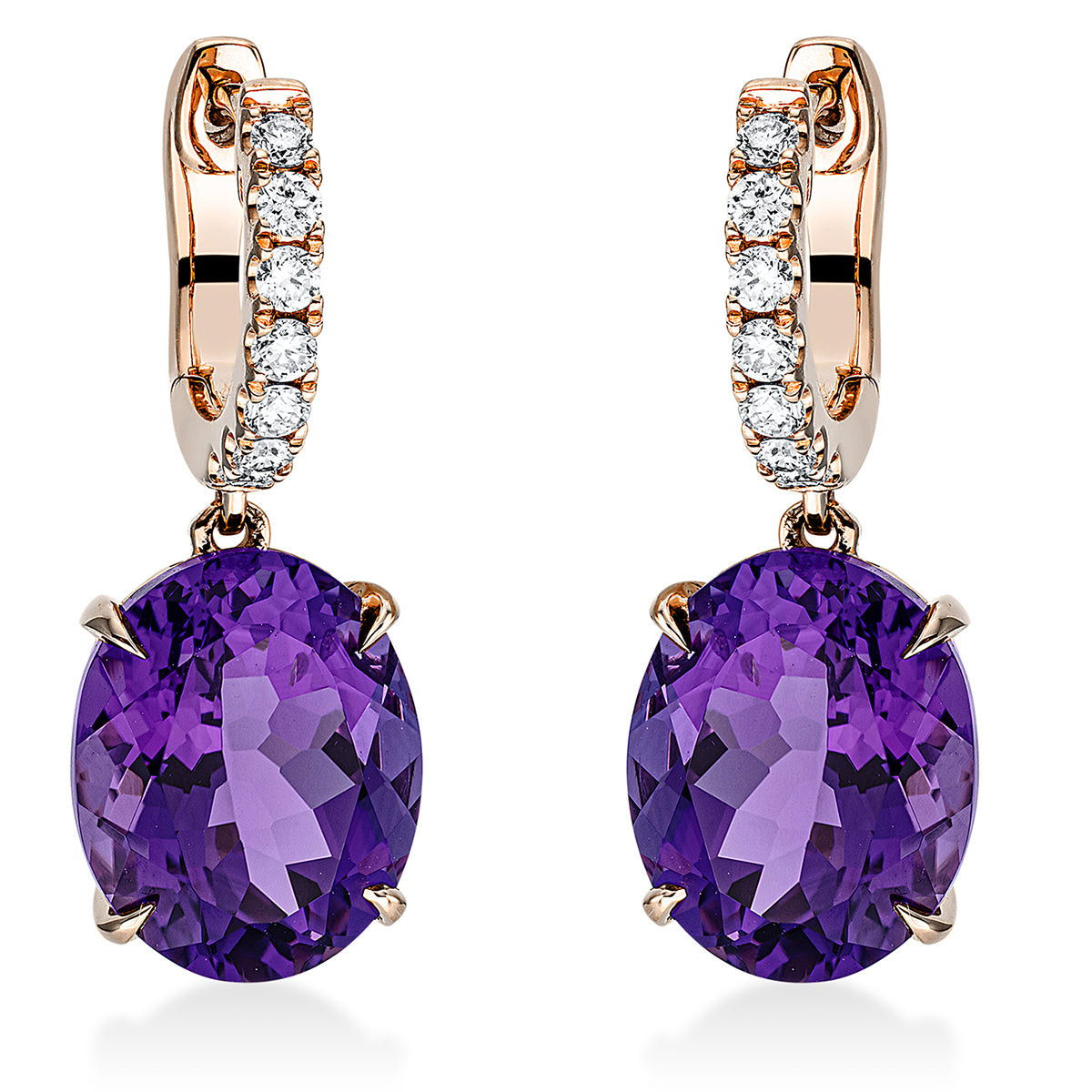 diamond full cut amethyst colored stone fashion earrings in red gold