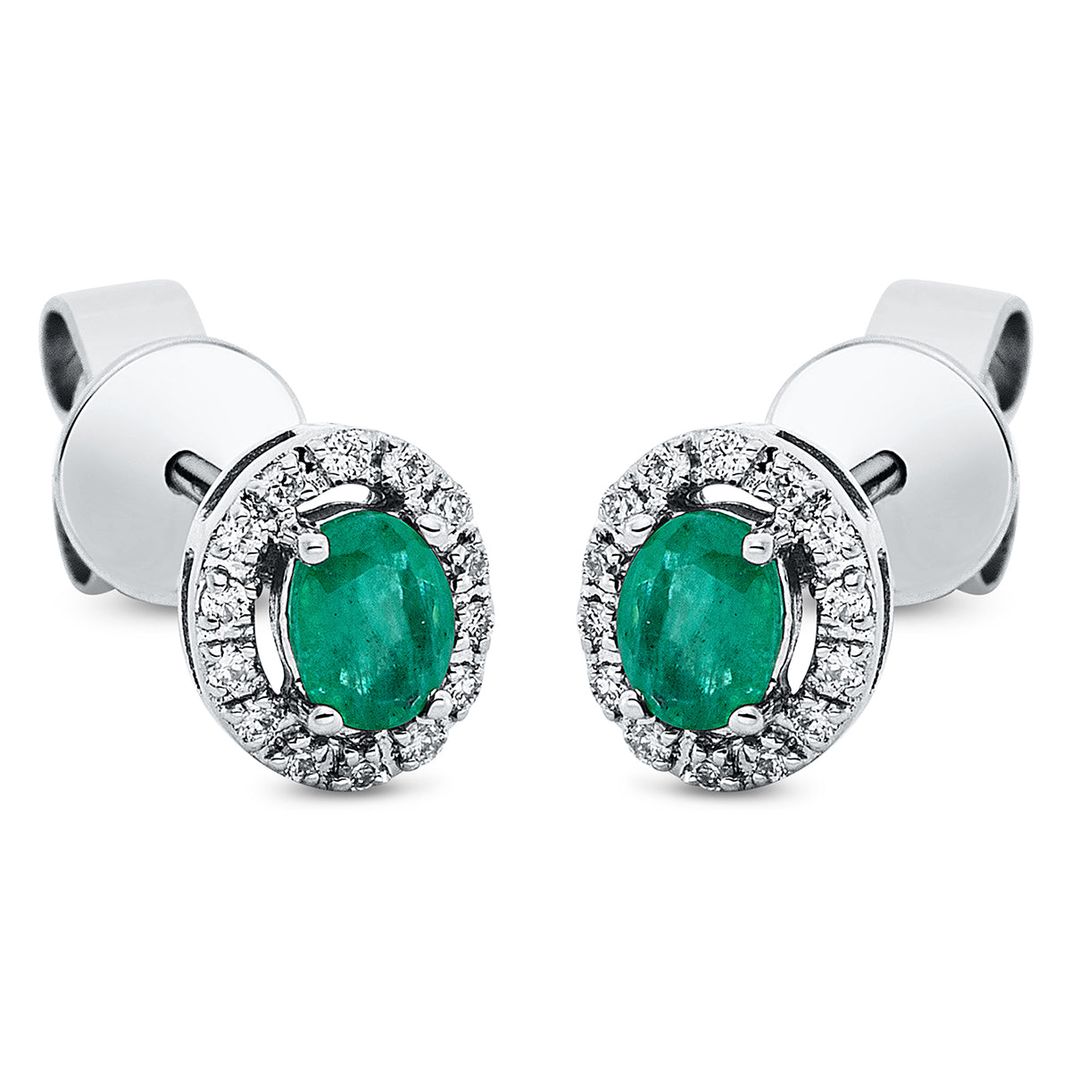 diamond full cut emerald colored stone classic studs in white gold