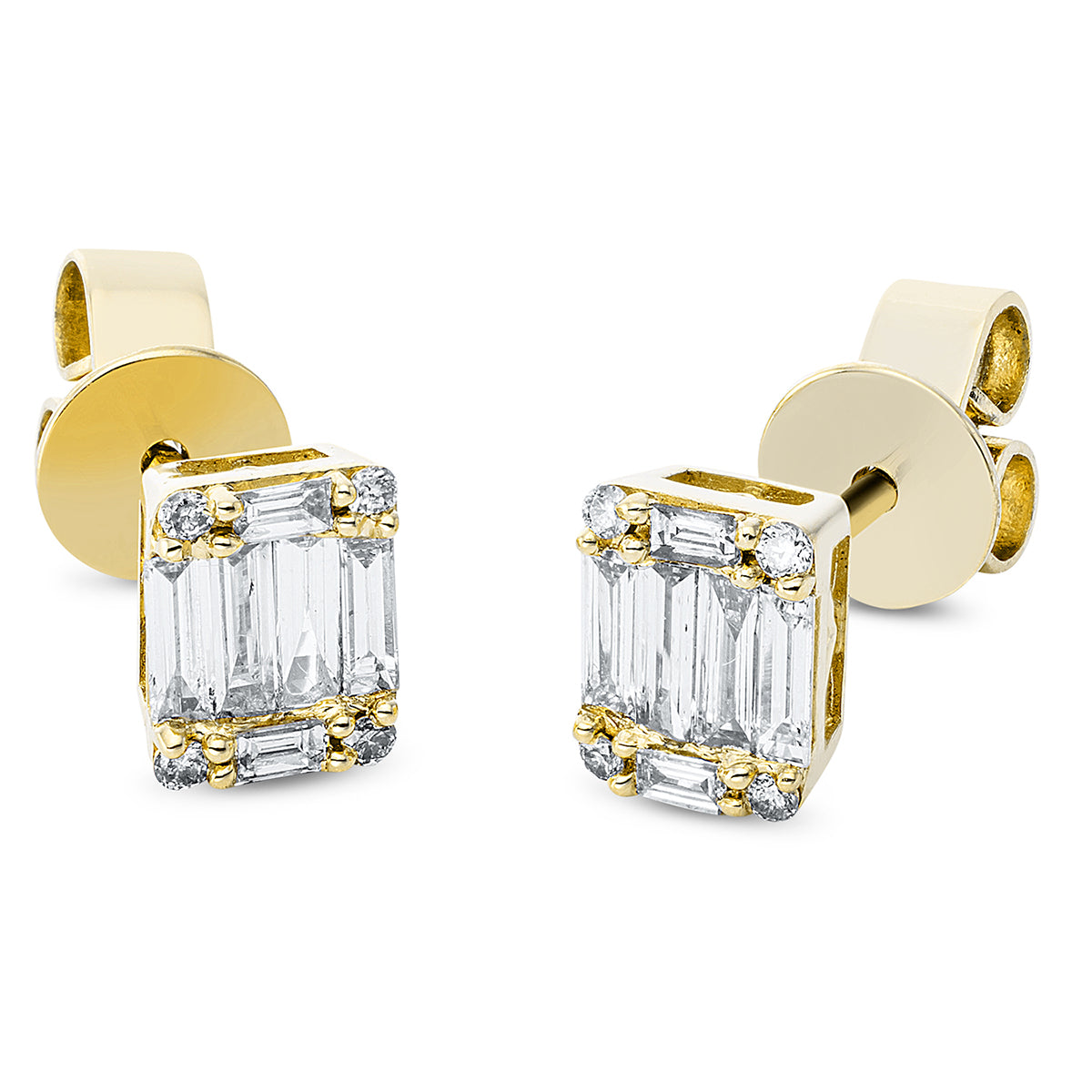diamond full cut baguette studs in yellow gold