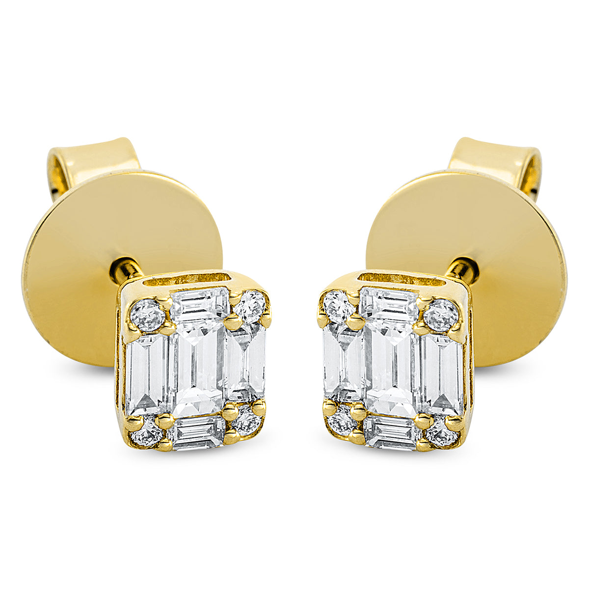 diamond full cut baguette illusion studs in yellow gold
