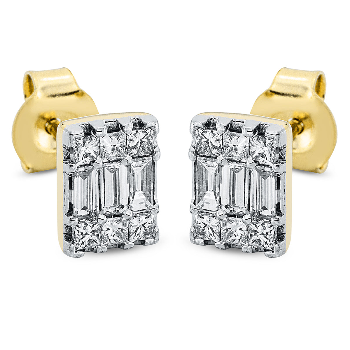 baguette baguette illusion studs in yellow gold / white gold