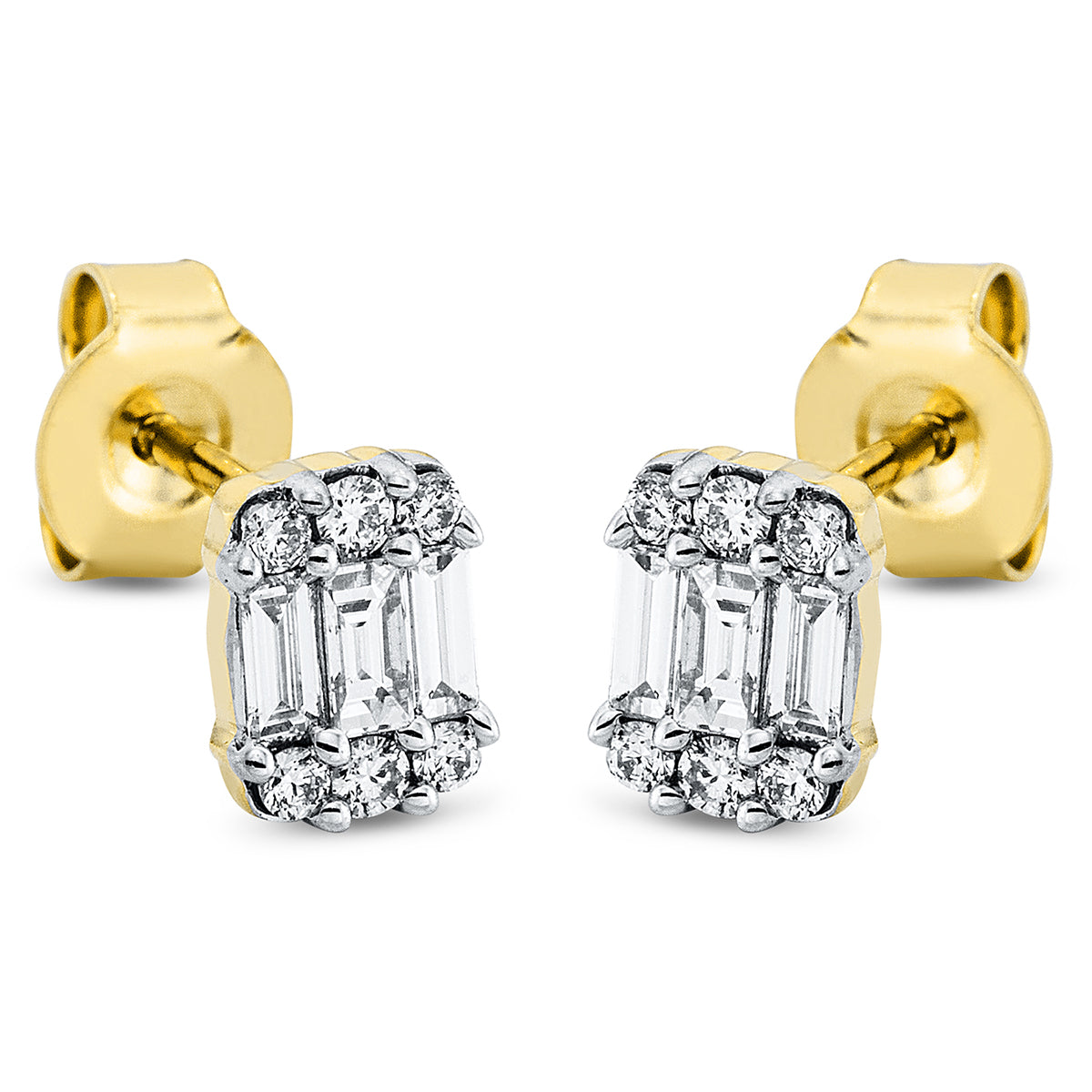 diamond full cut baguette illusion studs in yellow gold / white gold
