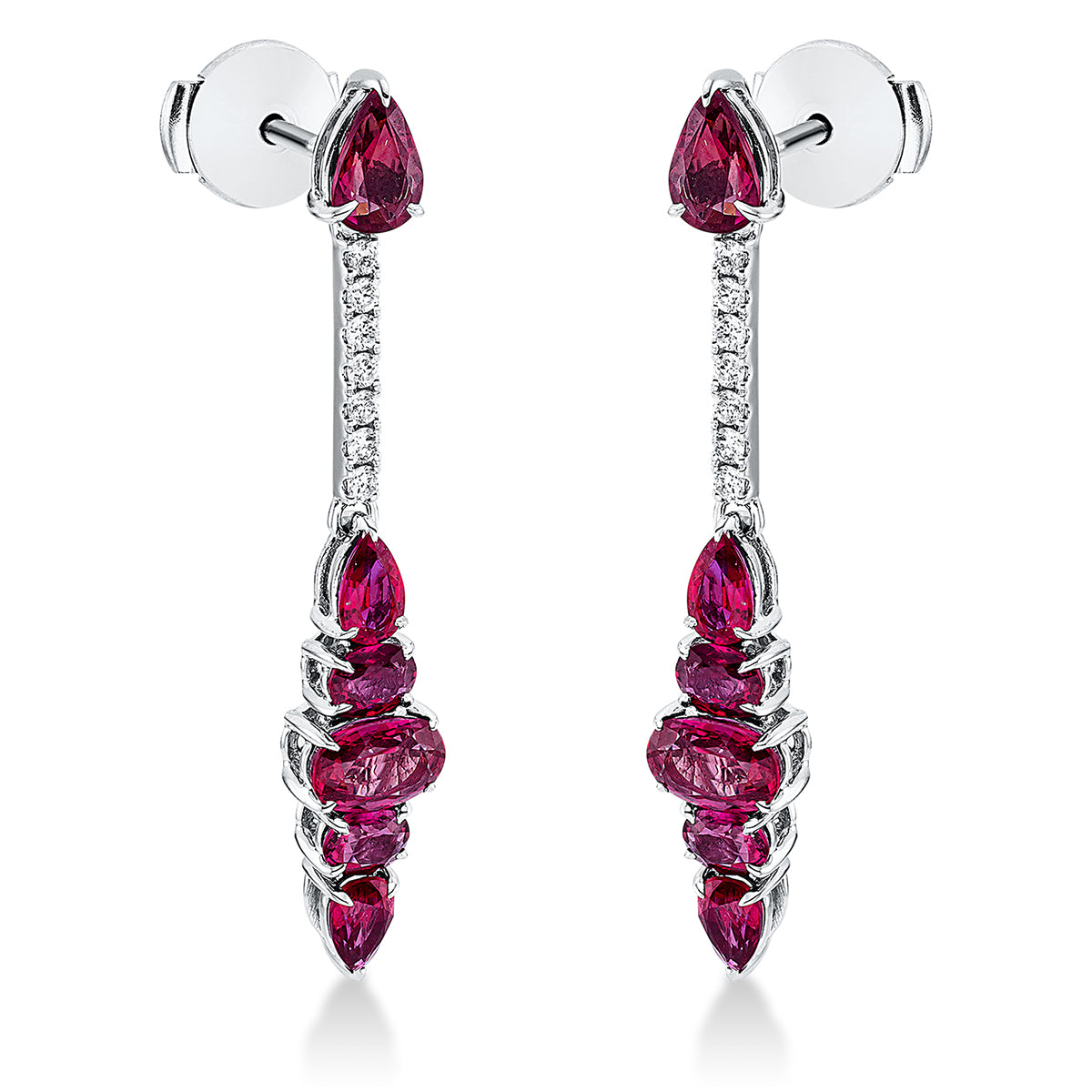 diamond full cut ruby colored stone classic earrings in white gold