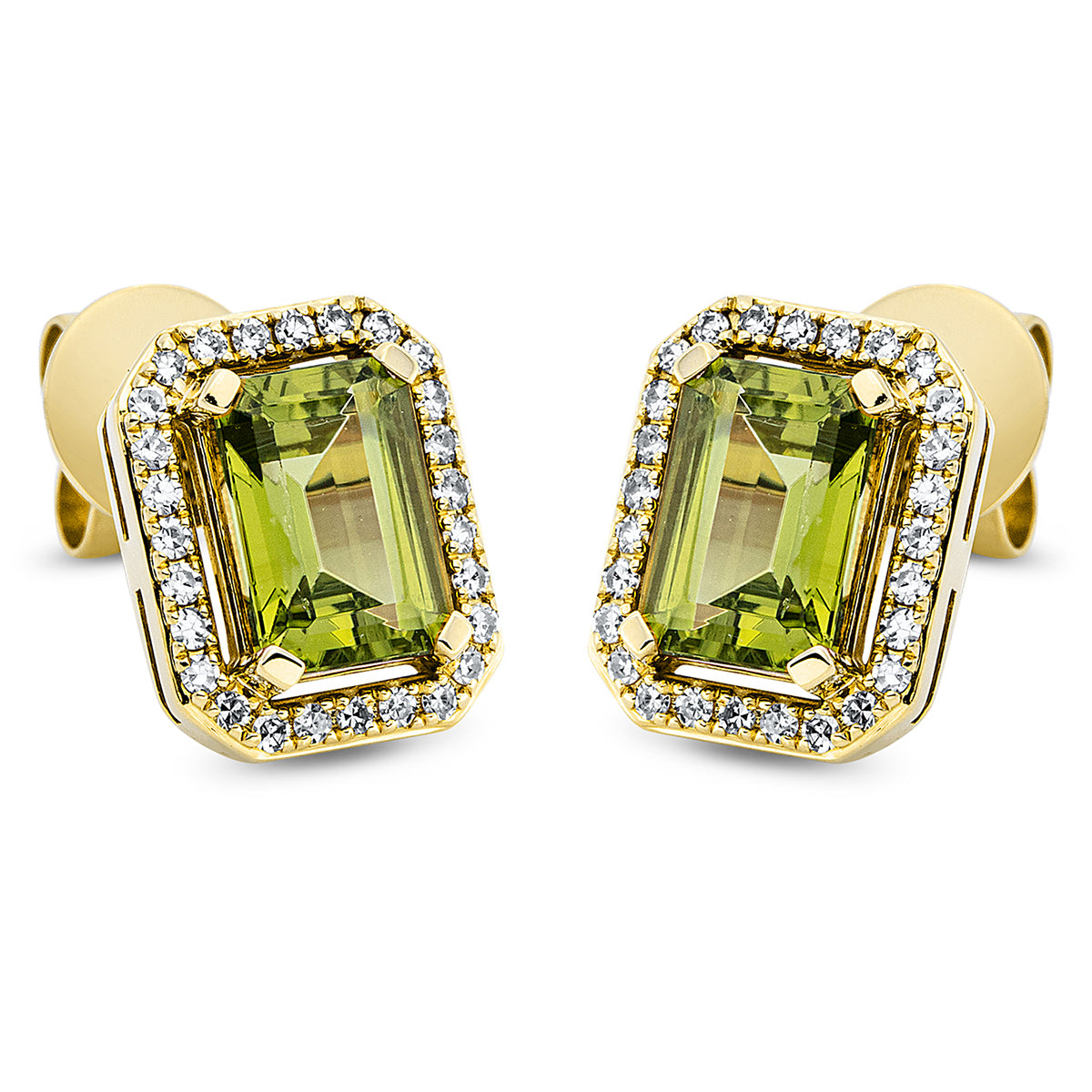 diamond single cut peridot colored stone fashion studs in yellow gold
