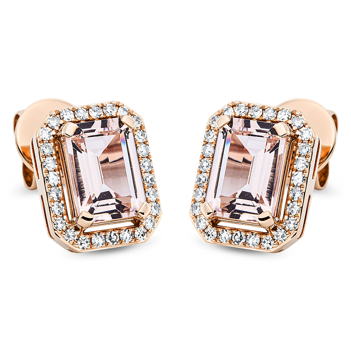 diamond single cut morganite colored stone fashion studs in red gold