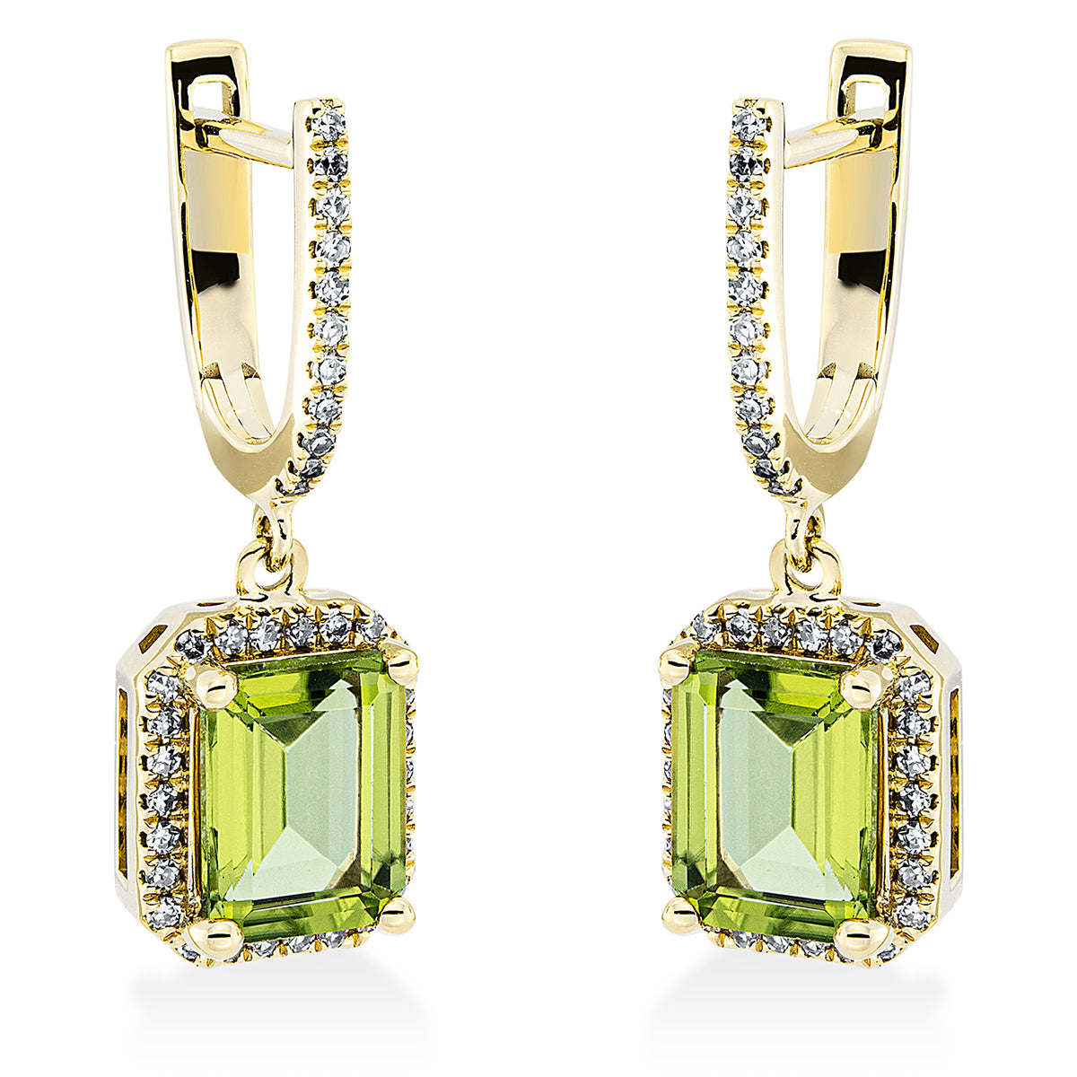 diamond single cut peridot colored stone fashion earrings in yellow gold