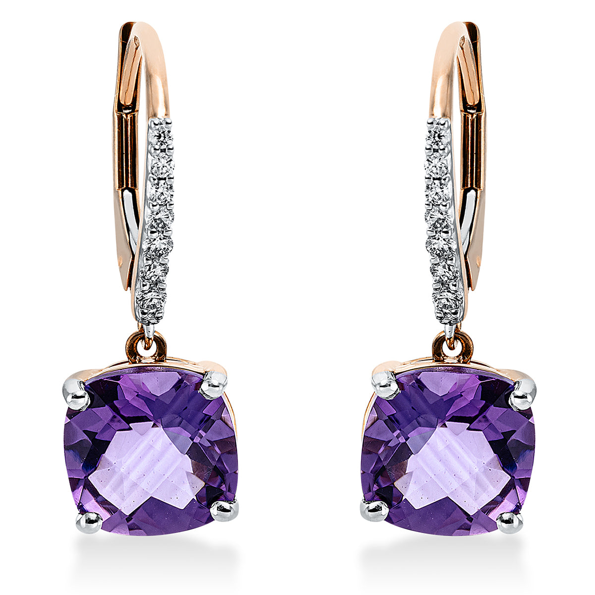 diamond full cut amethyst colored stone fashion earrings in red gold