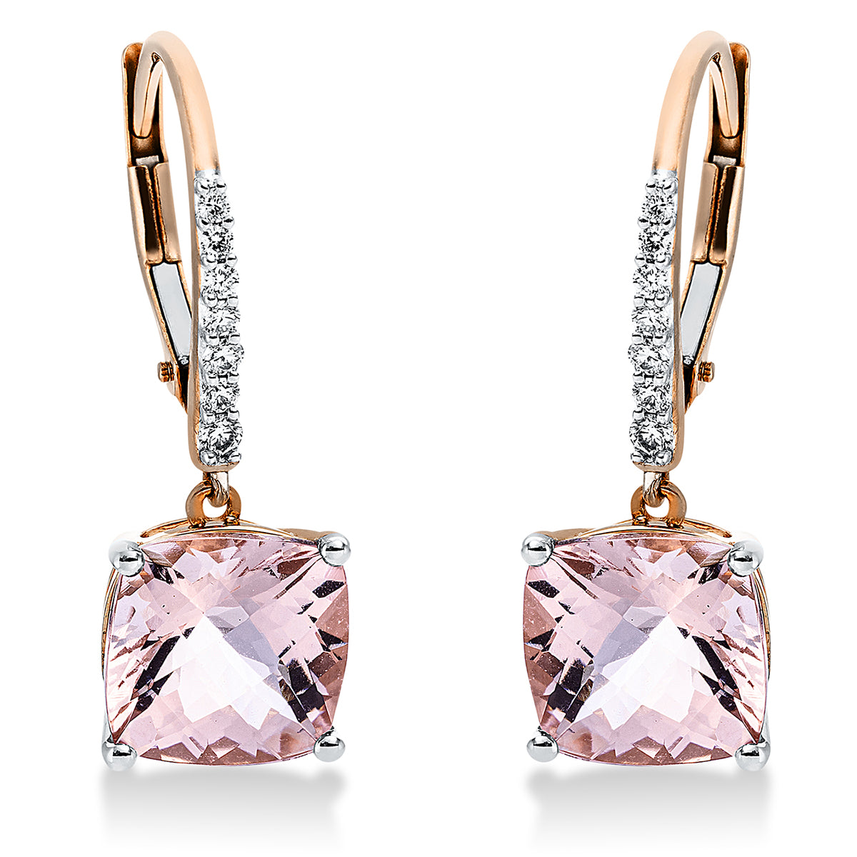 diamond full cut morganite colored stone fashion earrings in red gold