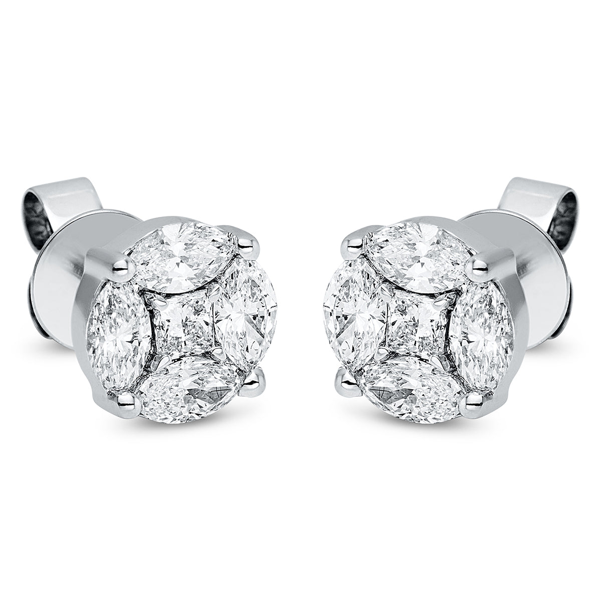 marquise baguette illusion studs in white gold