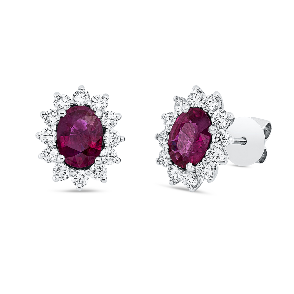diamond full cut ruby colored stone classic studs in white gold