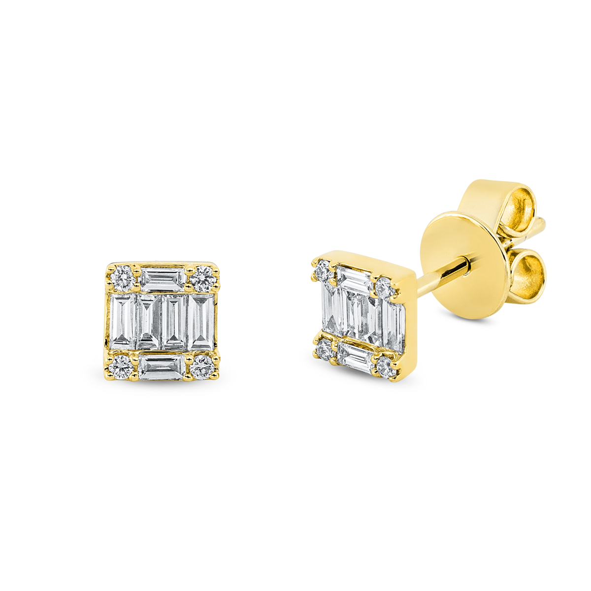 diamond full cut baguette illusion studs in yellow gold