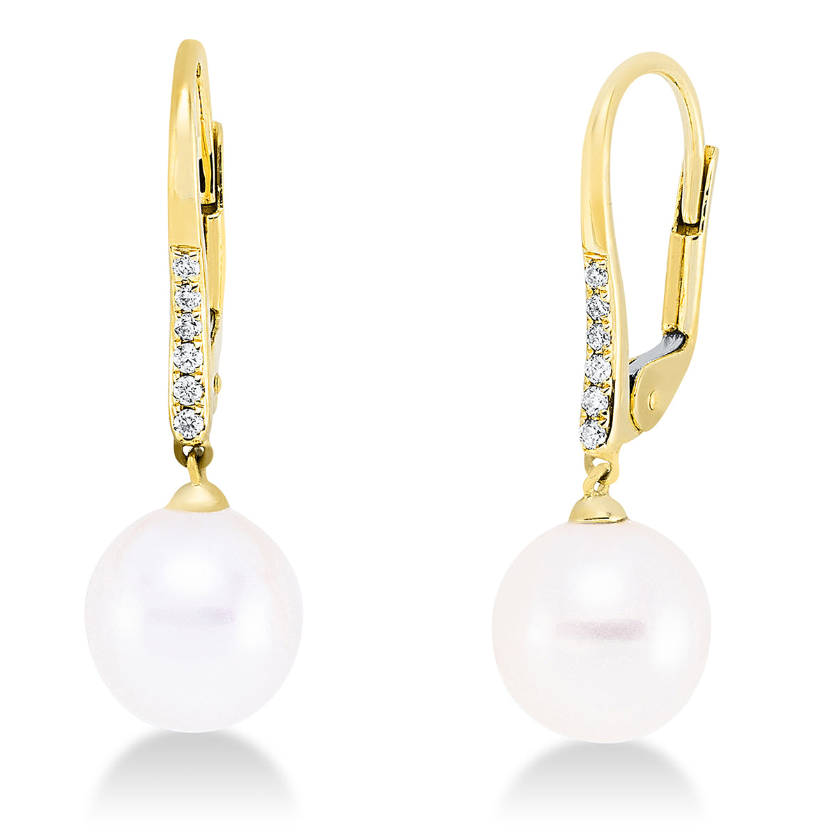 diamond full cut pearl earrings in yellow gold