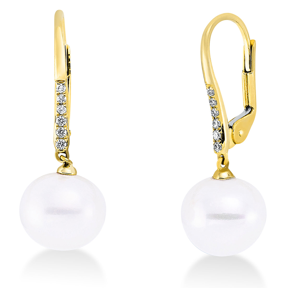 diamond full cut pearl earrings in yellow gold