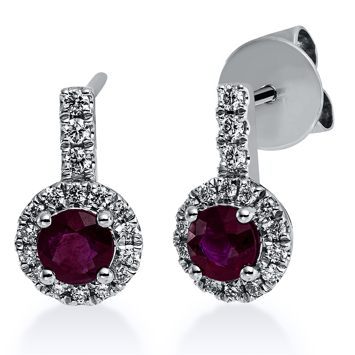 diamond full cut ruby colored stone classic studs in white gold