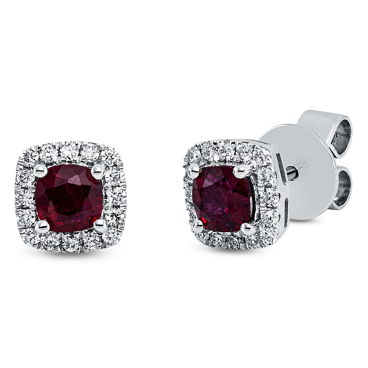diamond full cut ruby colored stone classic studs in white gold