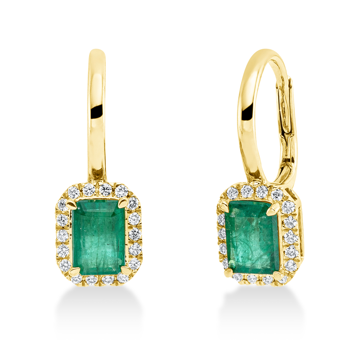 diamond full cut emerald colored stone classic earrings in yellow gold