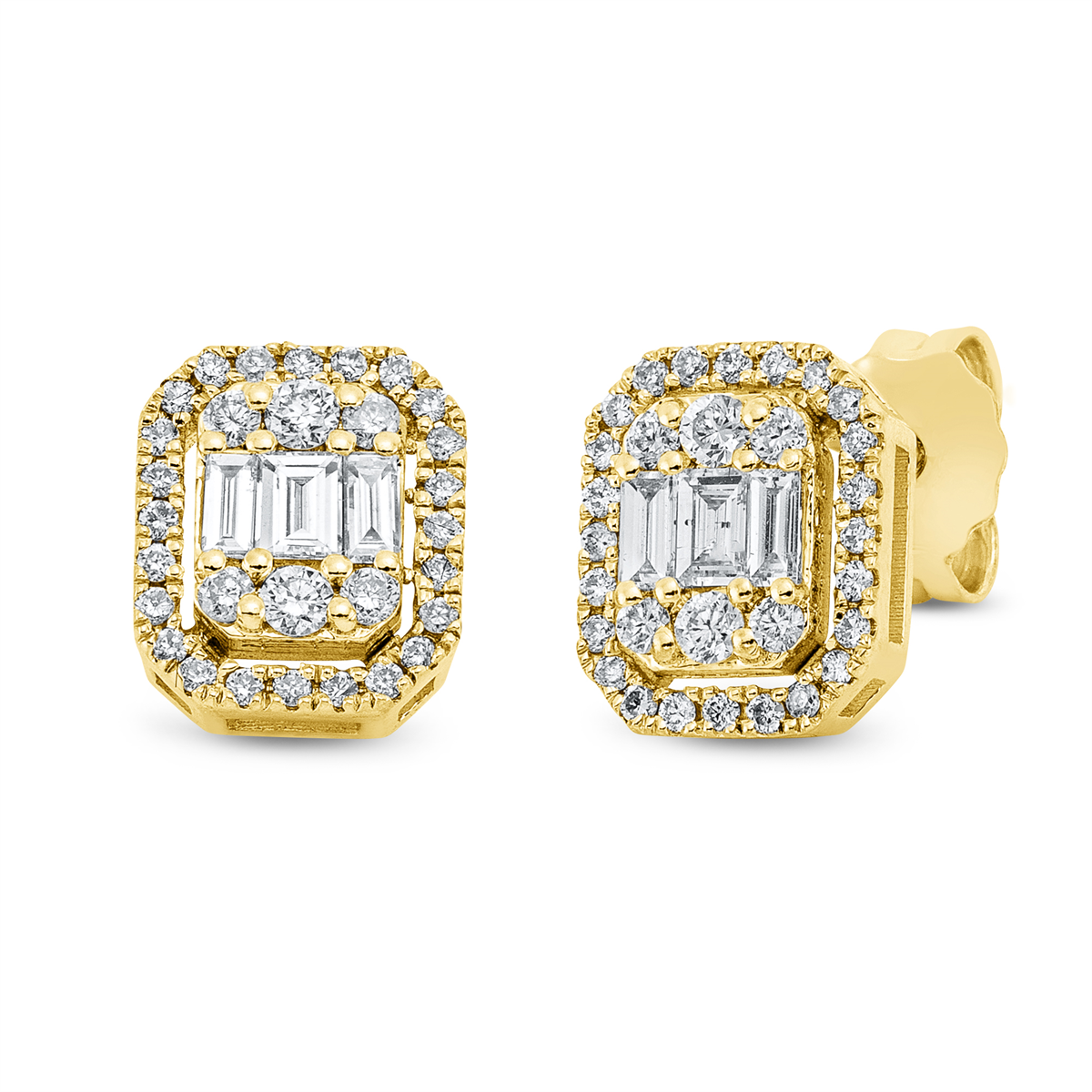 diamond full cut baguette illusion earrings in yellow gold