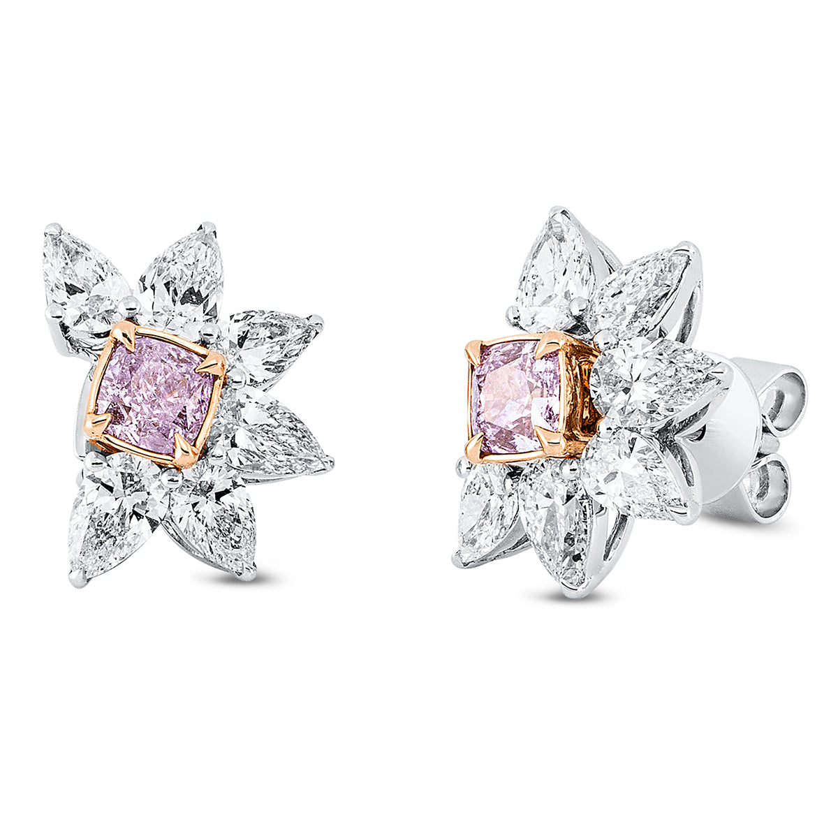 pear shape fancy colored diamond studs in whitegold / rosegold