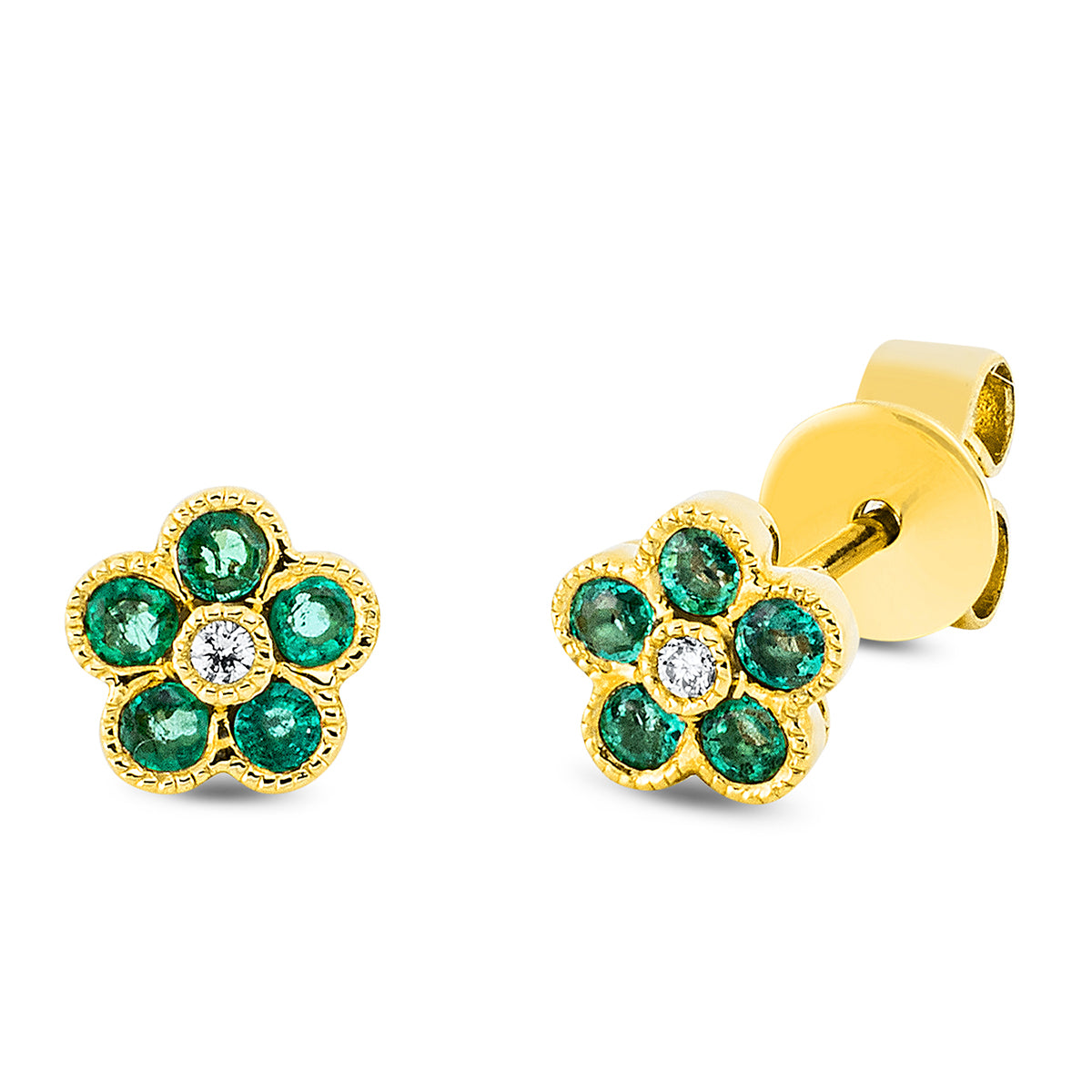 diamond full cut emerald colored stone classic studs in yellow gold