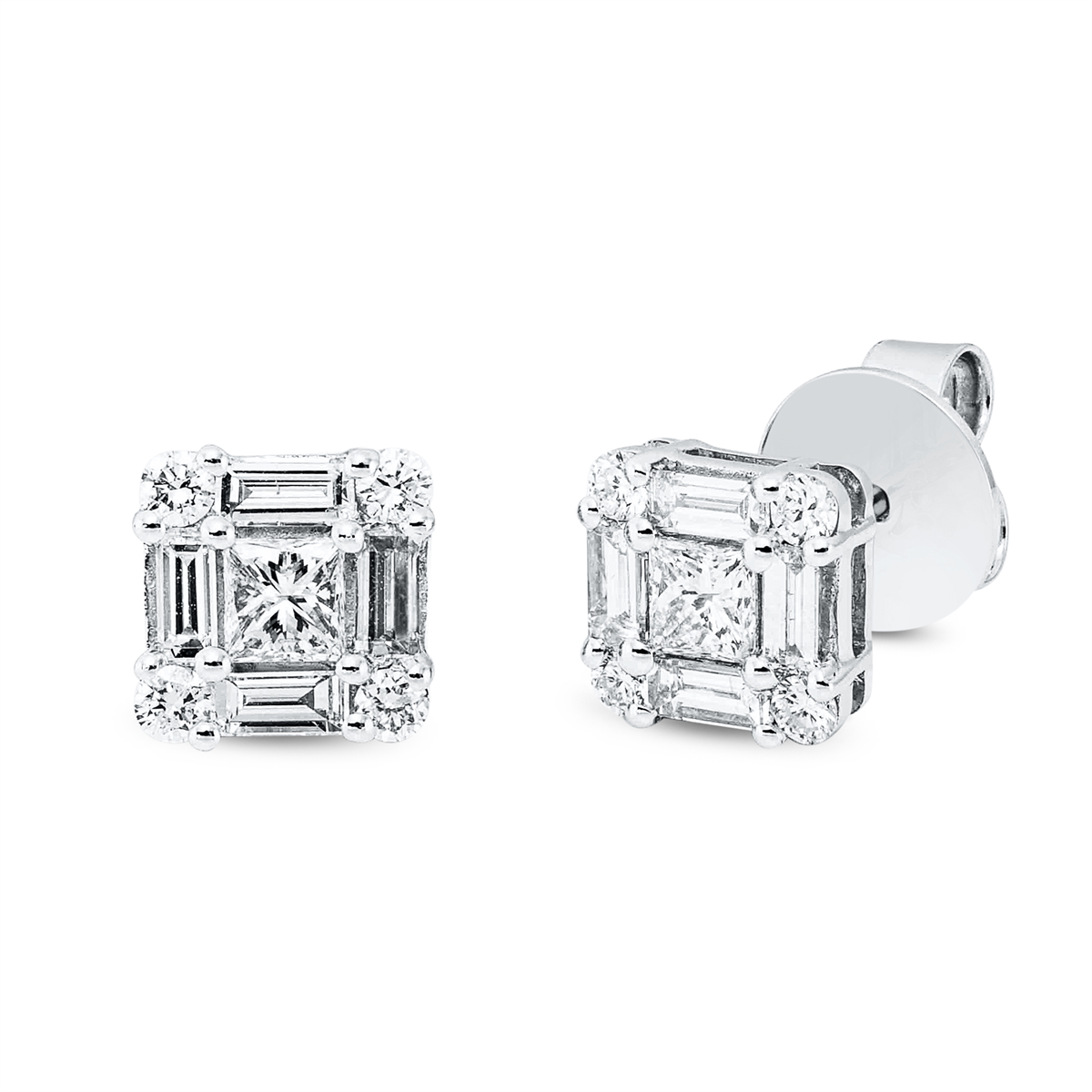 diamond full cut baguette illusion studs in white gold