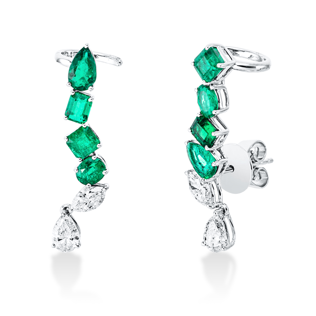pear shape emerald colored stone classic earrings in white gold