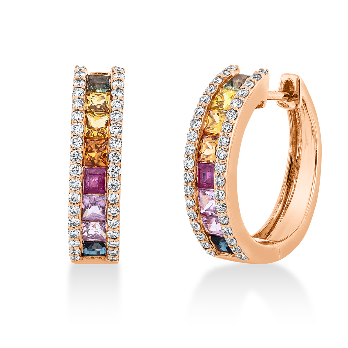 diamond full cut sapphire rainbow & multicolor hoops & huggies in red gold