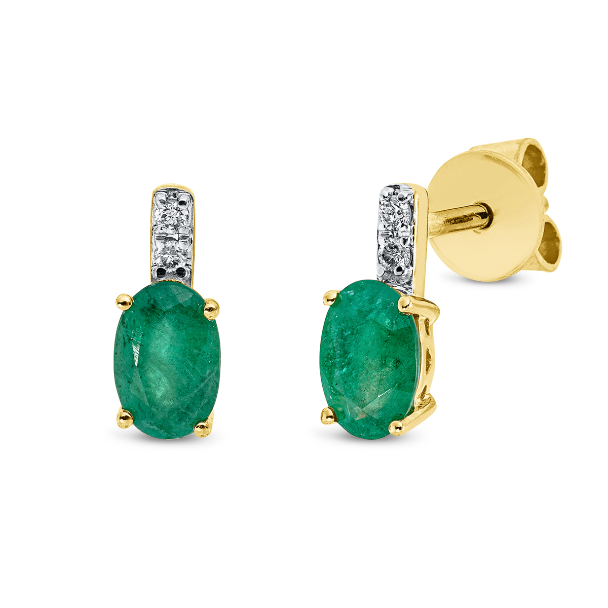 diamond full cut emerald colored stone classic studs in yellow gold