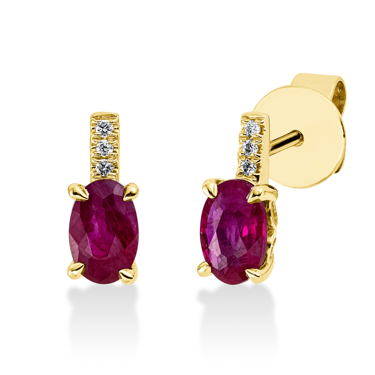 diamond full cut ruby colored stone classic studs in yellow gold