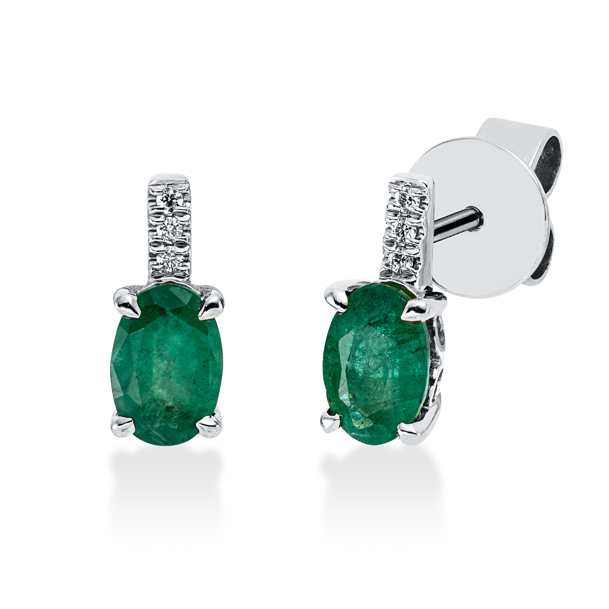 diamond full cut emerald colored stone classic studs in white gold