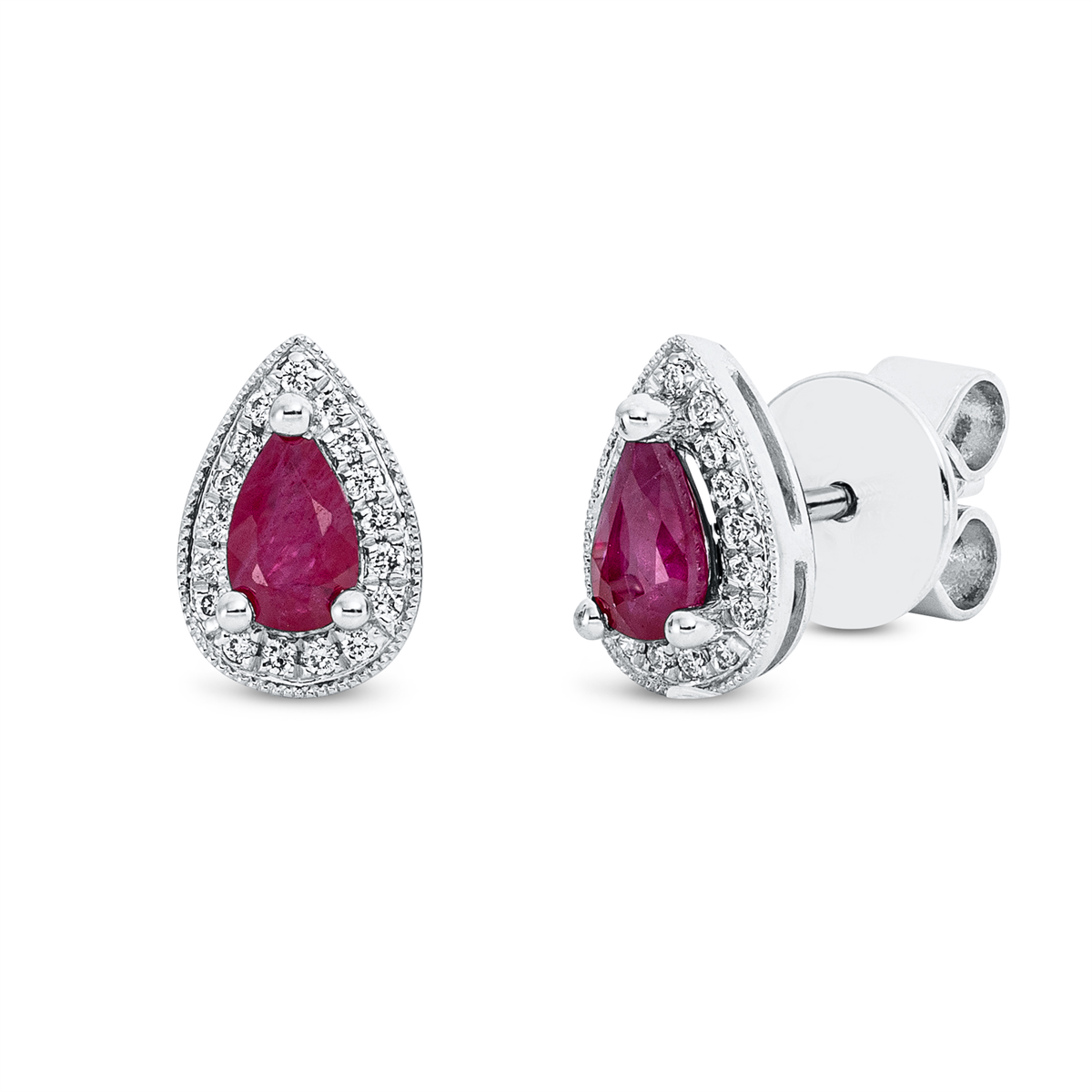 diamond full cut ruby colored stone classic studs in white gold
