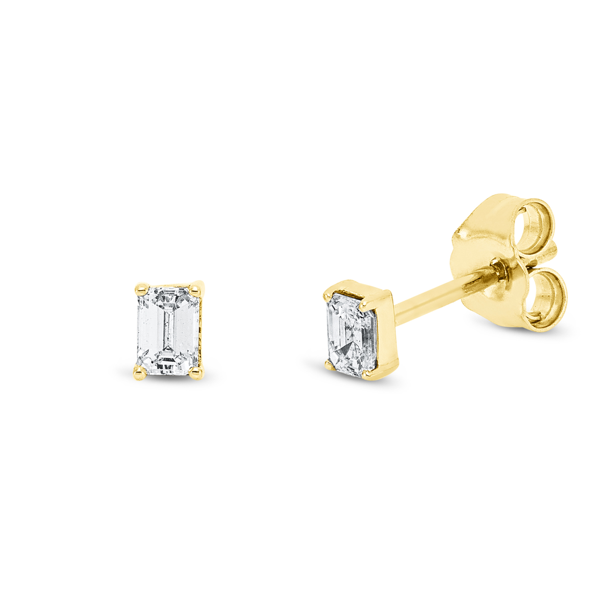 emerald cut solitaire studs in yellow gold
