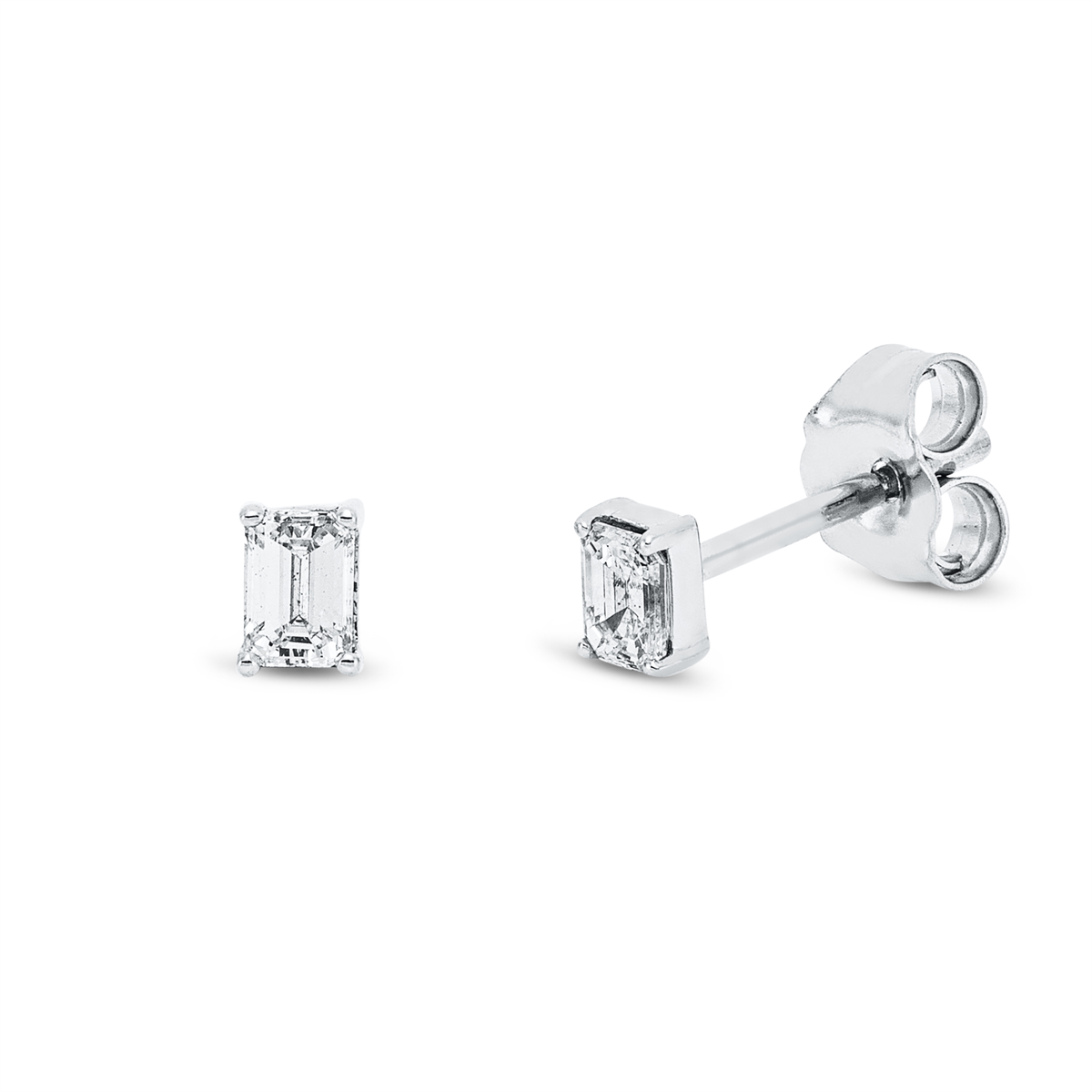 emerald cut solitaire studs in white gold