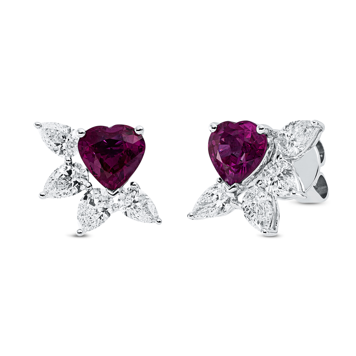 pear shape ruby heart studs in white gold