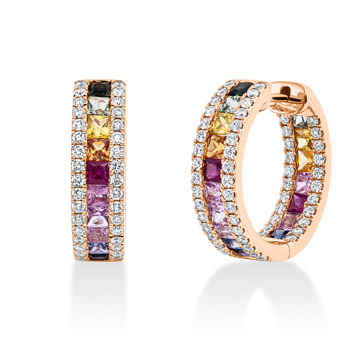 diamond full cut sapphire rainbow & multicolor hoops & huggies in red gold