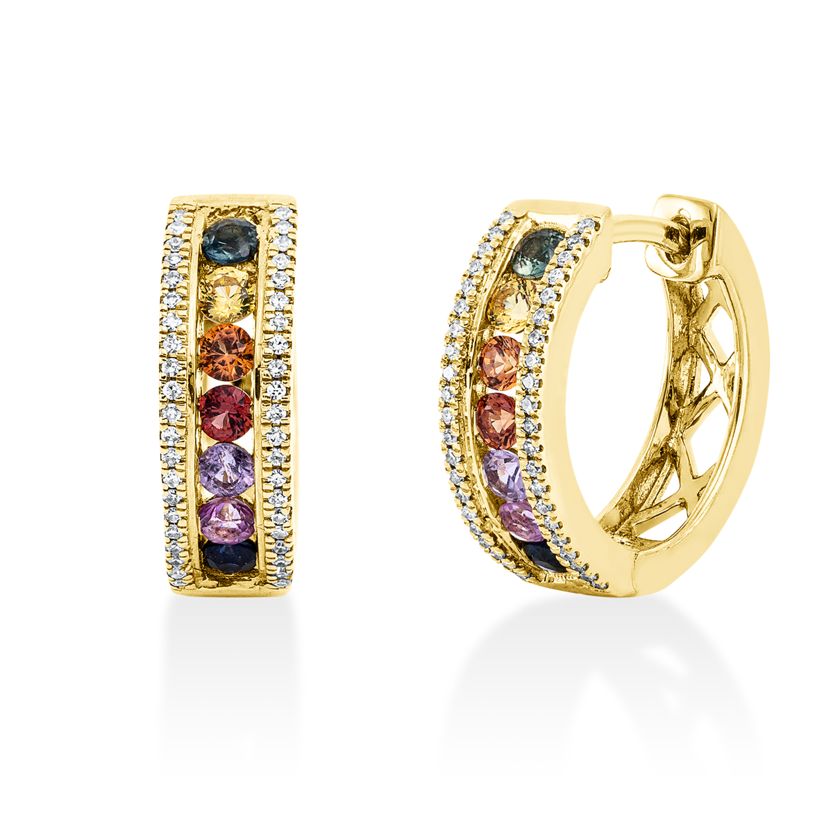 diamond single cut sapphire rainbow & multicolor hoops & huggies in yellow gold