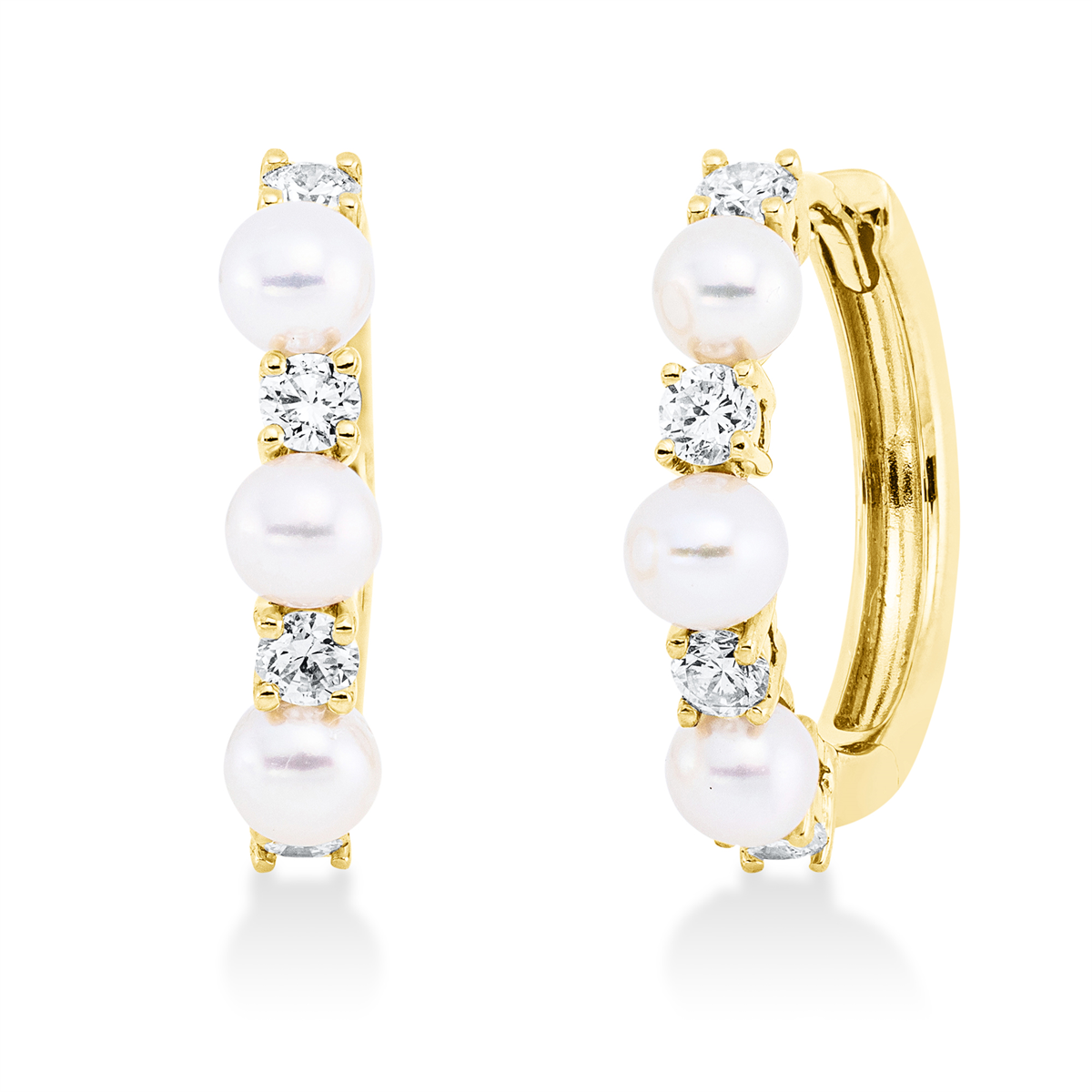 diamond full cut pearl hoops & huggies in yellow gold