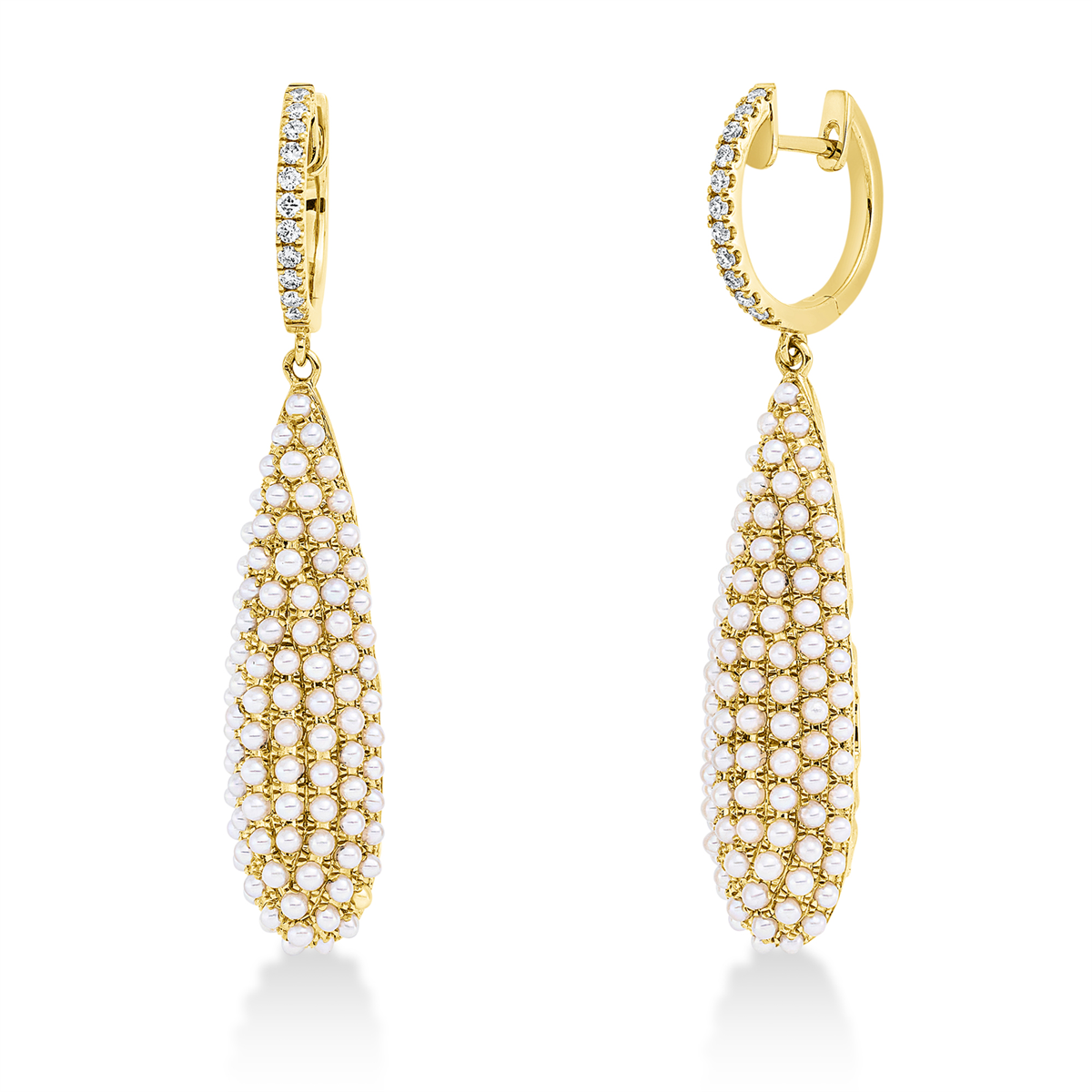 diamond full cut pearl earrings in yellow gold