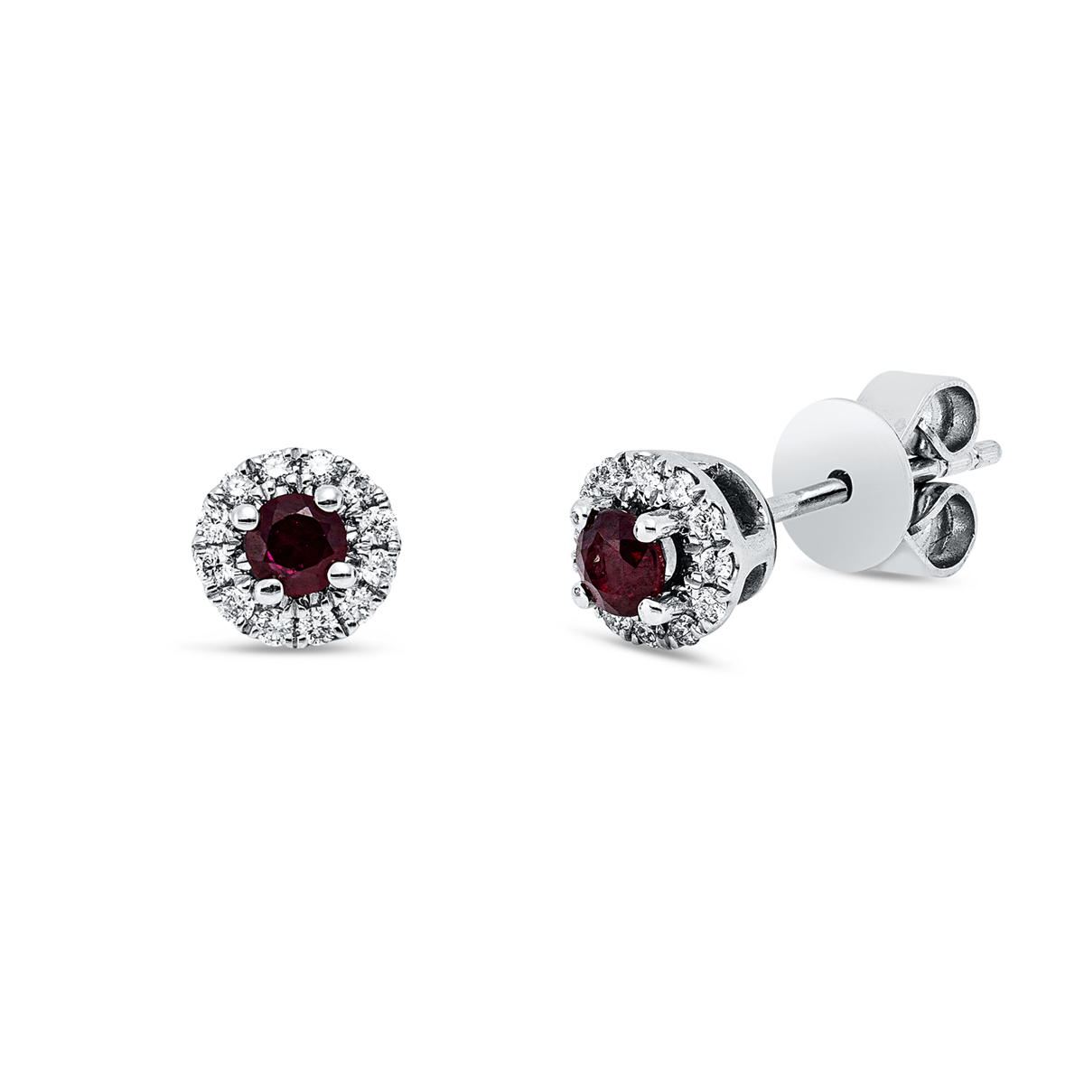 diamond full cut ruby colored stone classic studs in white gold