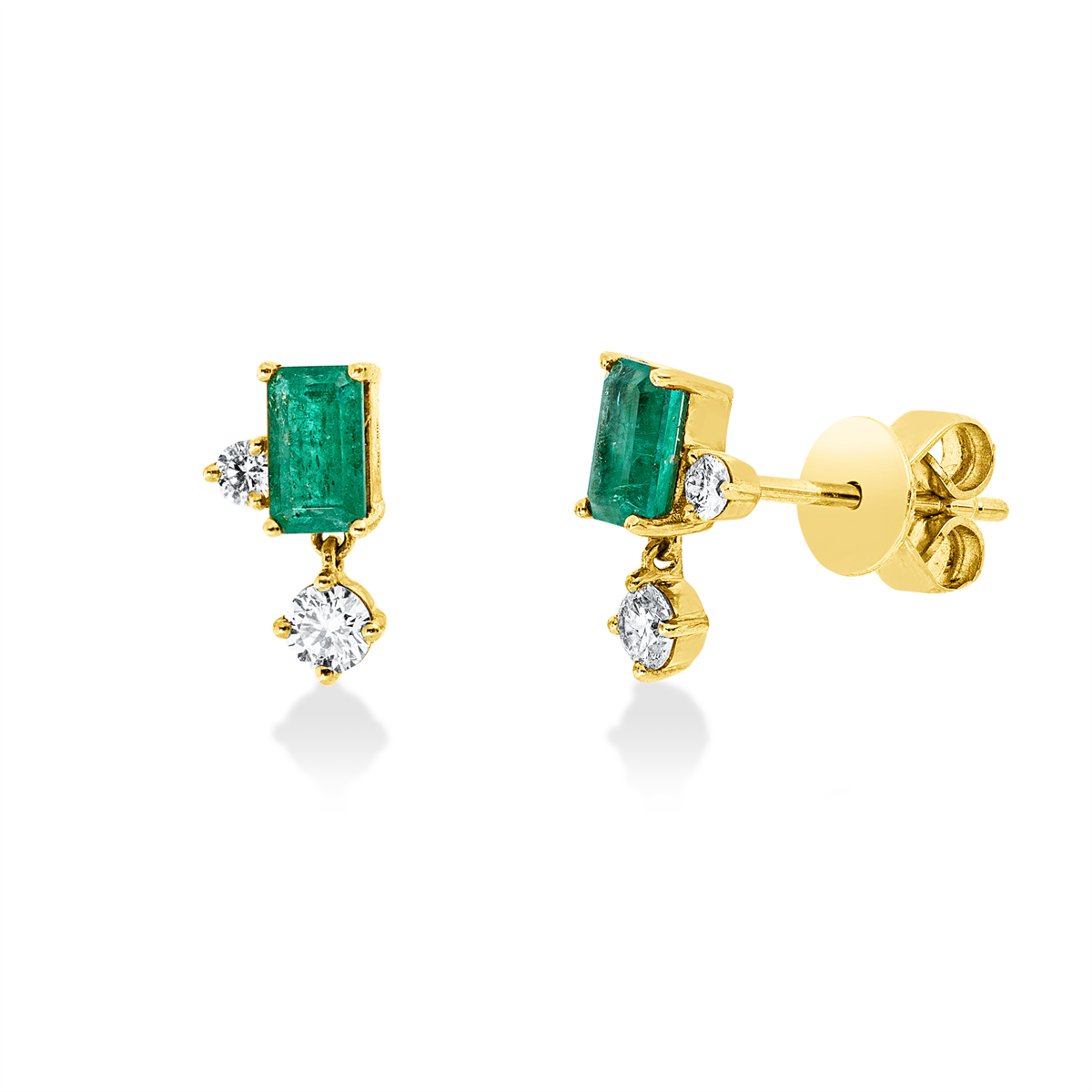 diamond full cut emerald colored stone classic studs in yellow gold