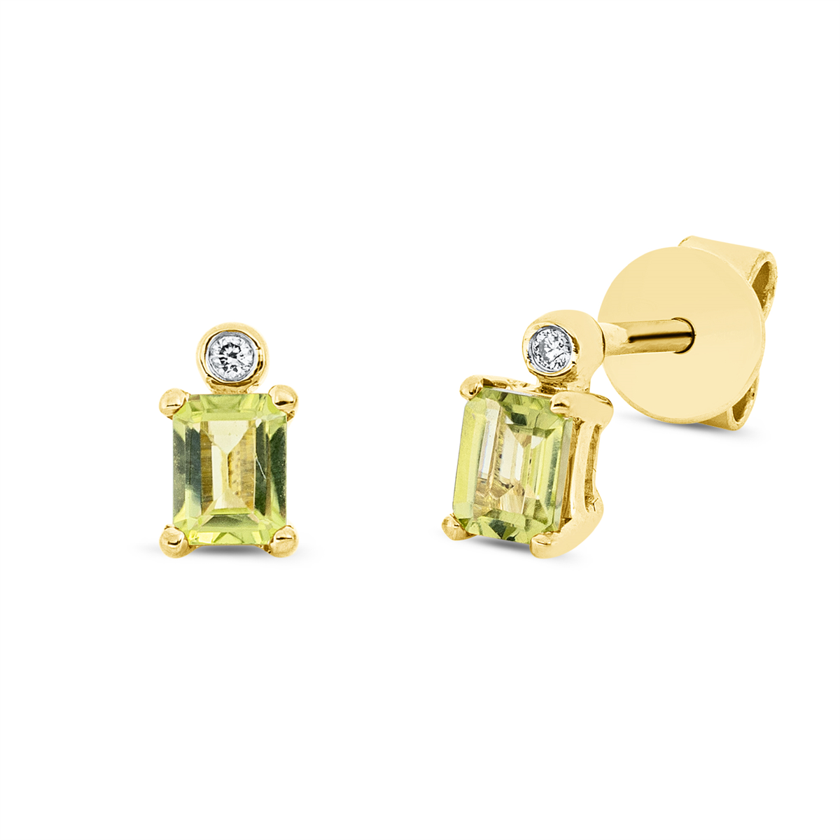 diamond full cut peridot colored stone fashion studs in yellow gold