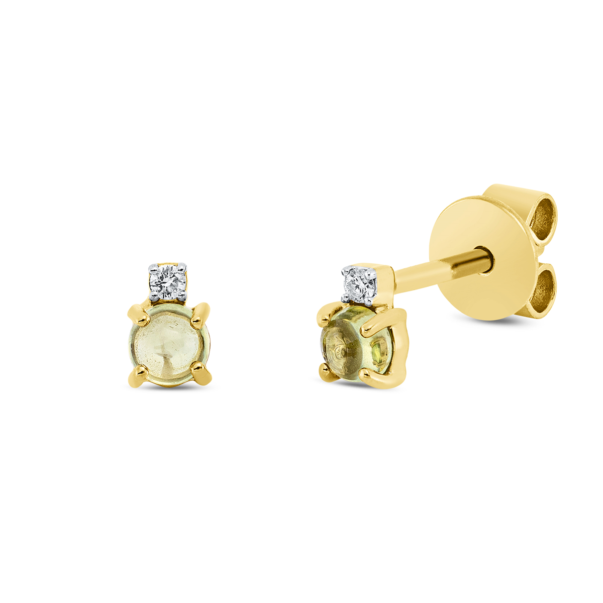 diamond full cut peridot colored stone fashion studs in yellow gold