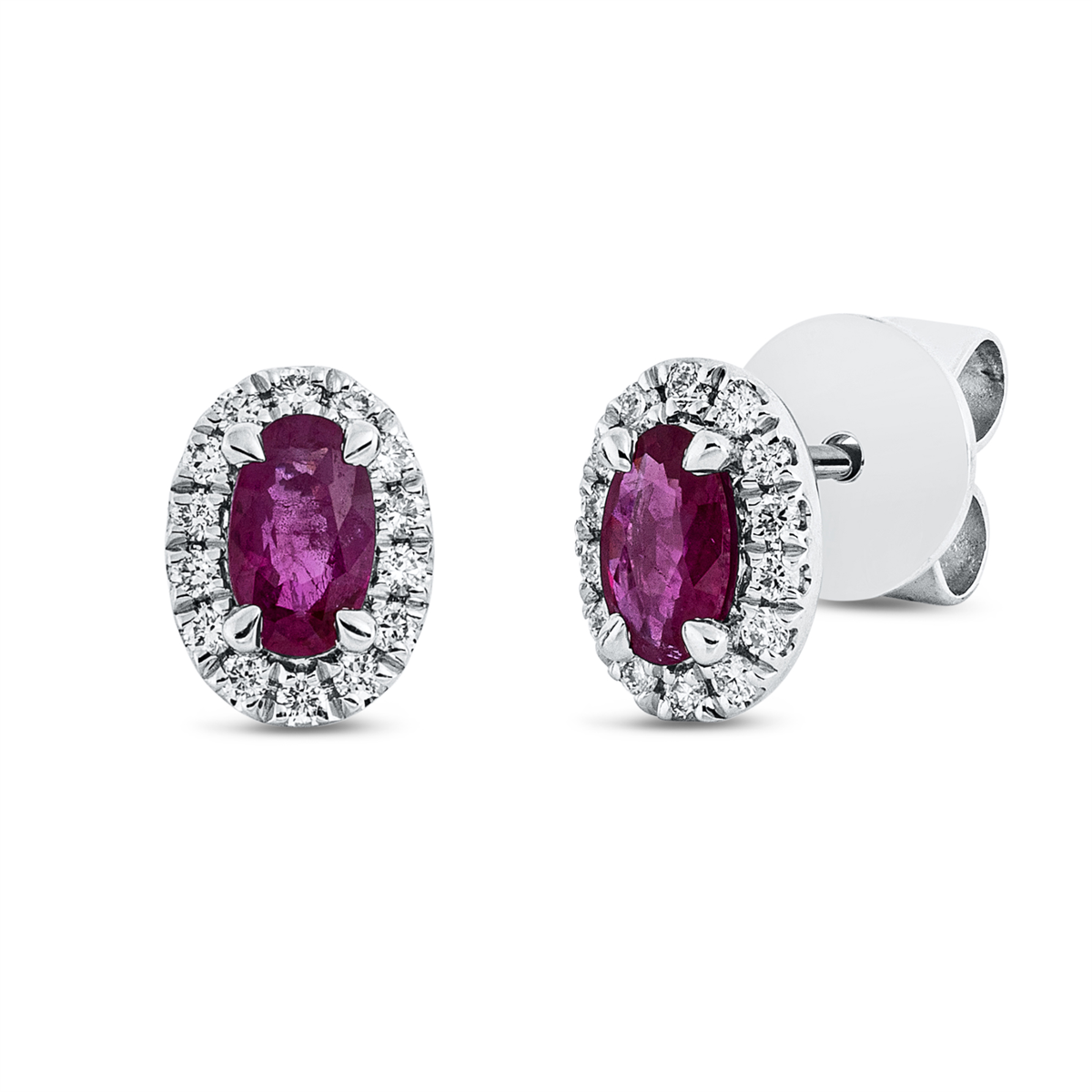 diamond full cut ruby colored stone classic studs in white gold