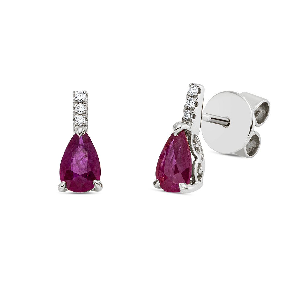 diamond full cut ruby colored stone classic studs in white gold