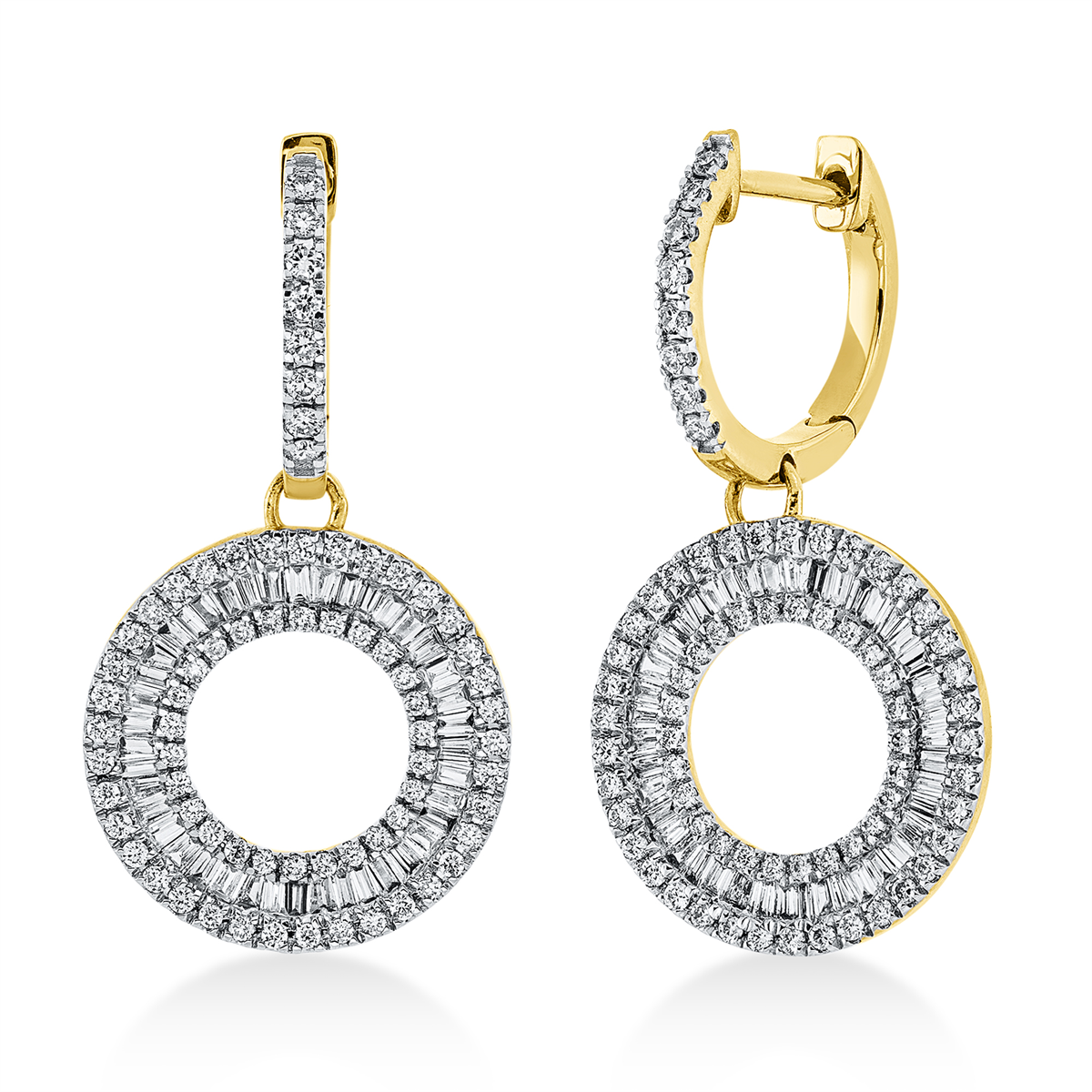 diamond full cut baguette earrings in yellow gold