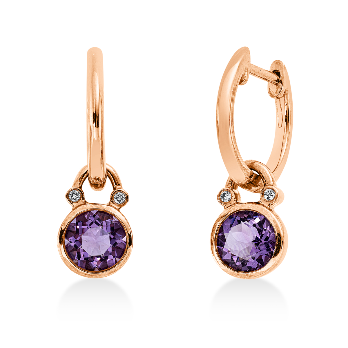 diamond full cut amethyst colored stone fashion earrings in red gold