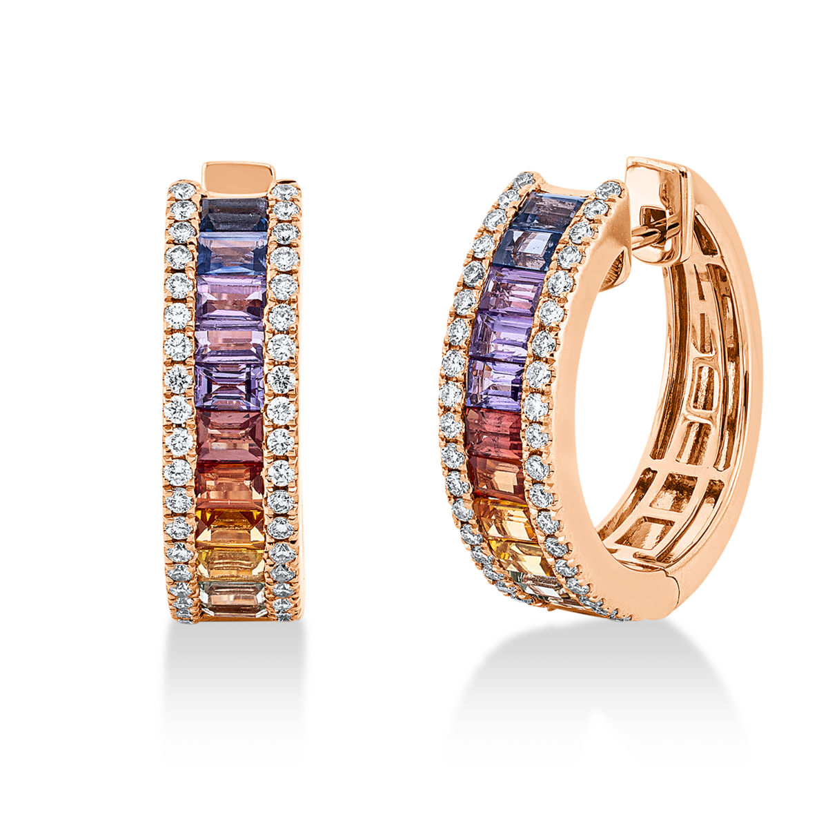 diamond full cut sapphire rainbow & multicolor hoops & huggies in red gold