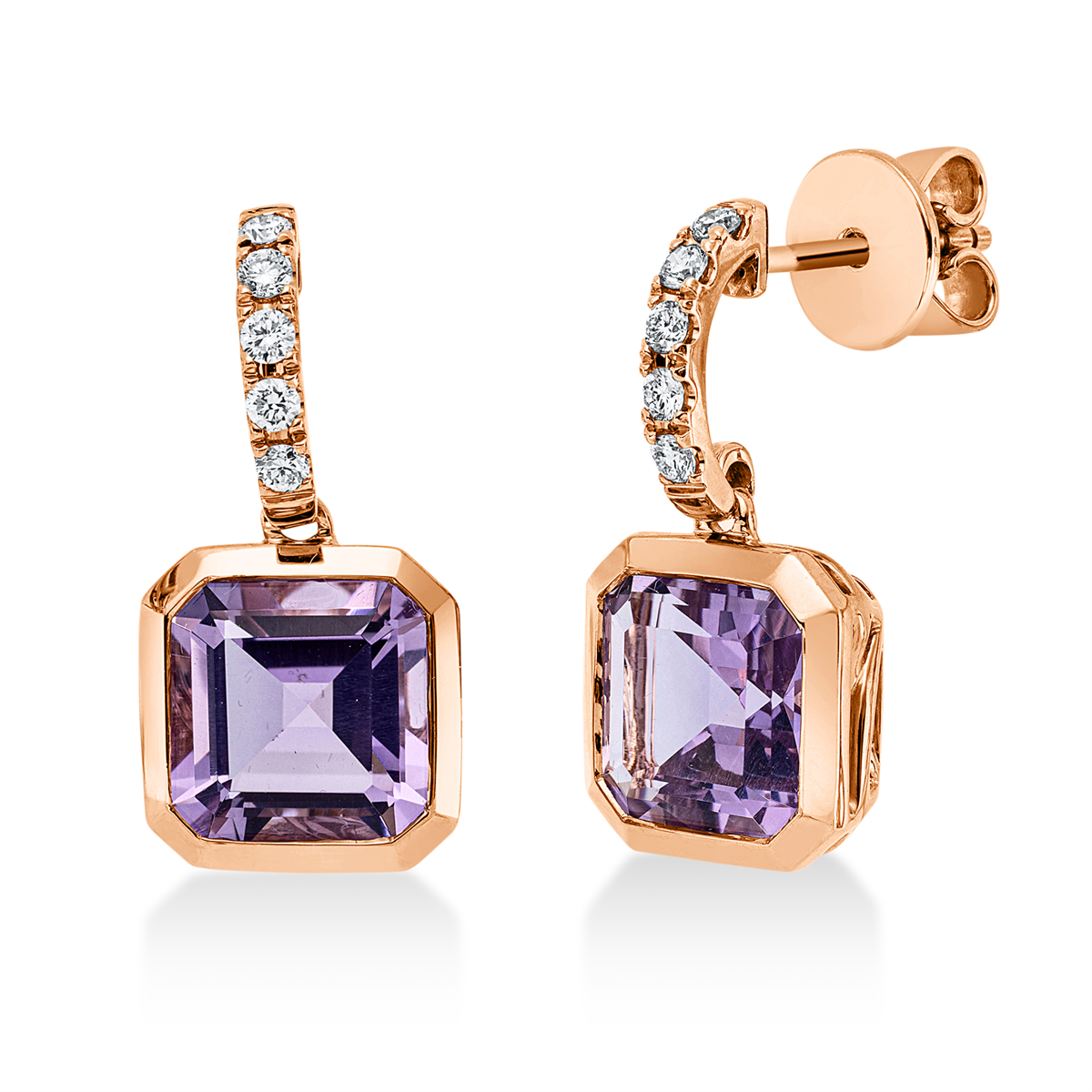 diamond full cut amethyst colored stone fashion earrings in red gold