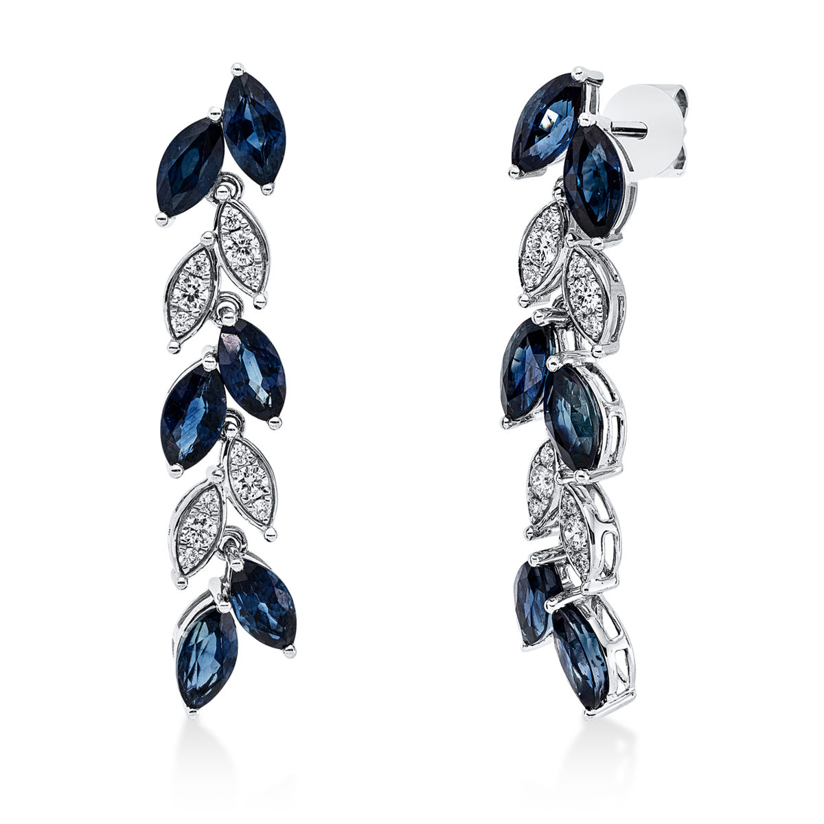 diamond full cut sapphire colored stone classic earrings in white gold